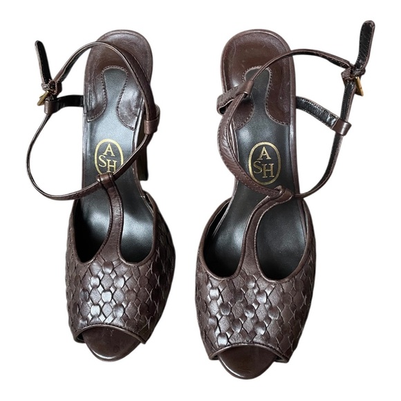 Ash Brown Leather Peep Toe Heels, Woven Details 40 - Picture 3 of 6